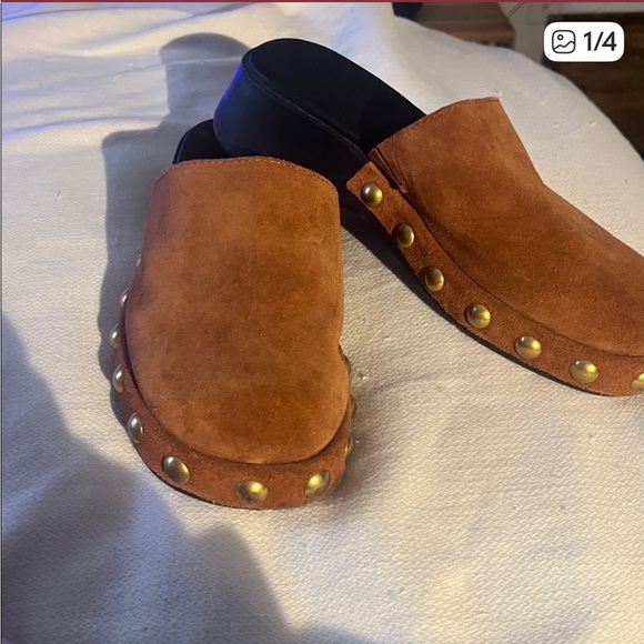 AEROSOLES COGNAC Suede Studded Mules - Picture 2 of 4